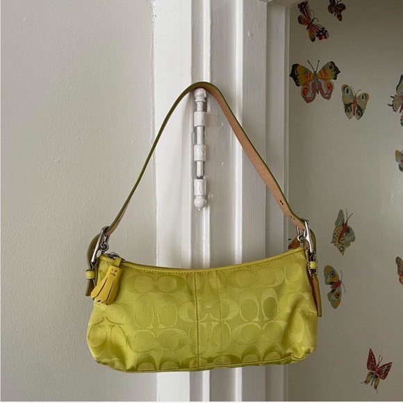 Coach Handbags - Coach Yellow Green Signature Jacquard Shoulder Bag with Leather Trim